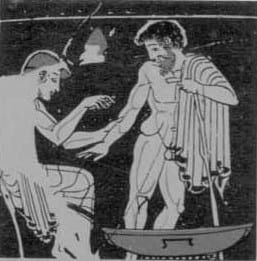 A Greek vase painting of a physician bleeding a patient